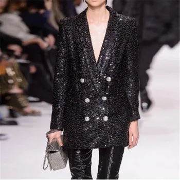 

HIGH QUALITY Newest Fashion Runway 2019 Designer Blazer Women's Double Breasted Shawl Collar Sequined Long Blazer Outer Wear