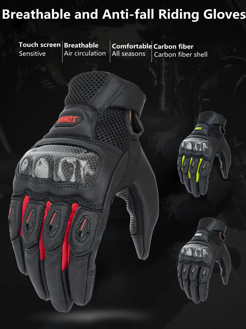 proteção fibra carbono escudo homens moto equitação couro cabra tela toque luva