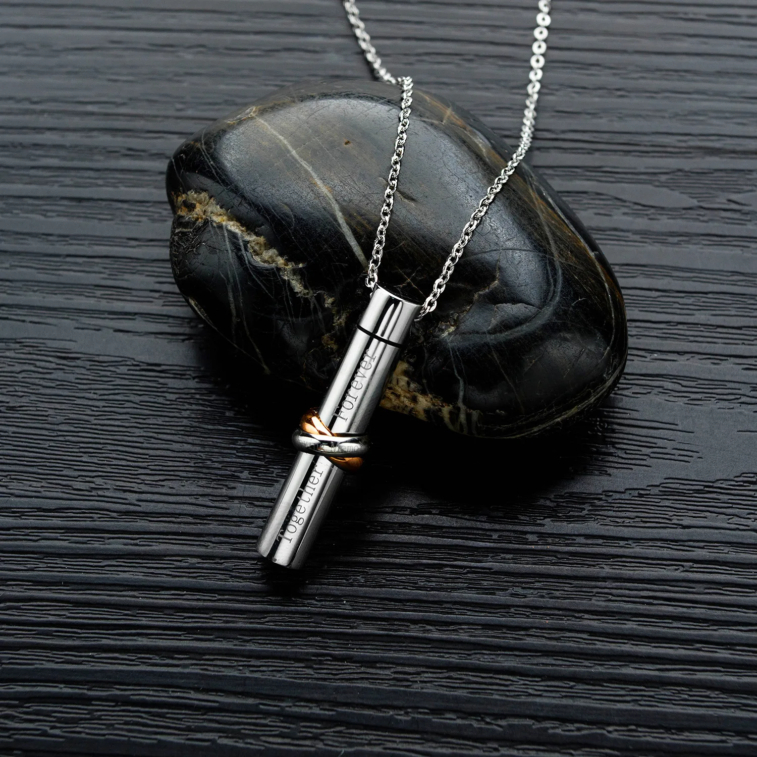 

Together Forever Anniversary Relatives Pet Cremation Urn Pendant Fashion Cylindrical Design Titanium Steel Necklace