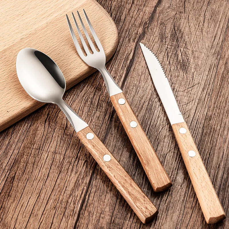 3pcs 304 Stainless Steel Creative Tableware Set Wooden Handle Spoon Steak Knife Fork Dessert