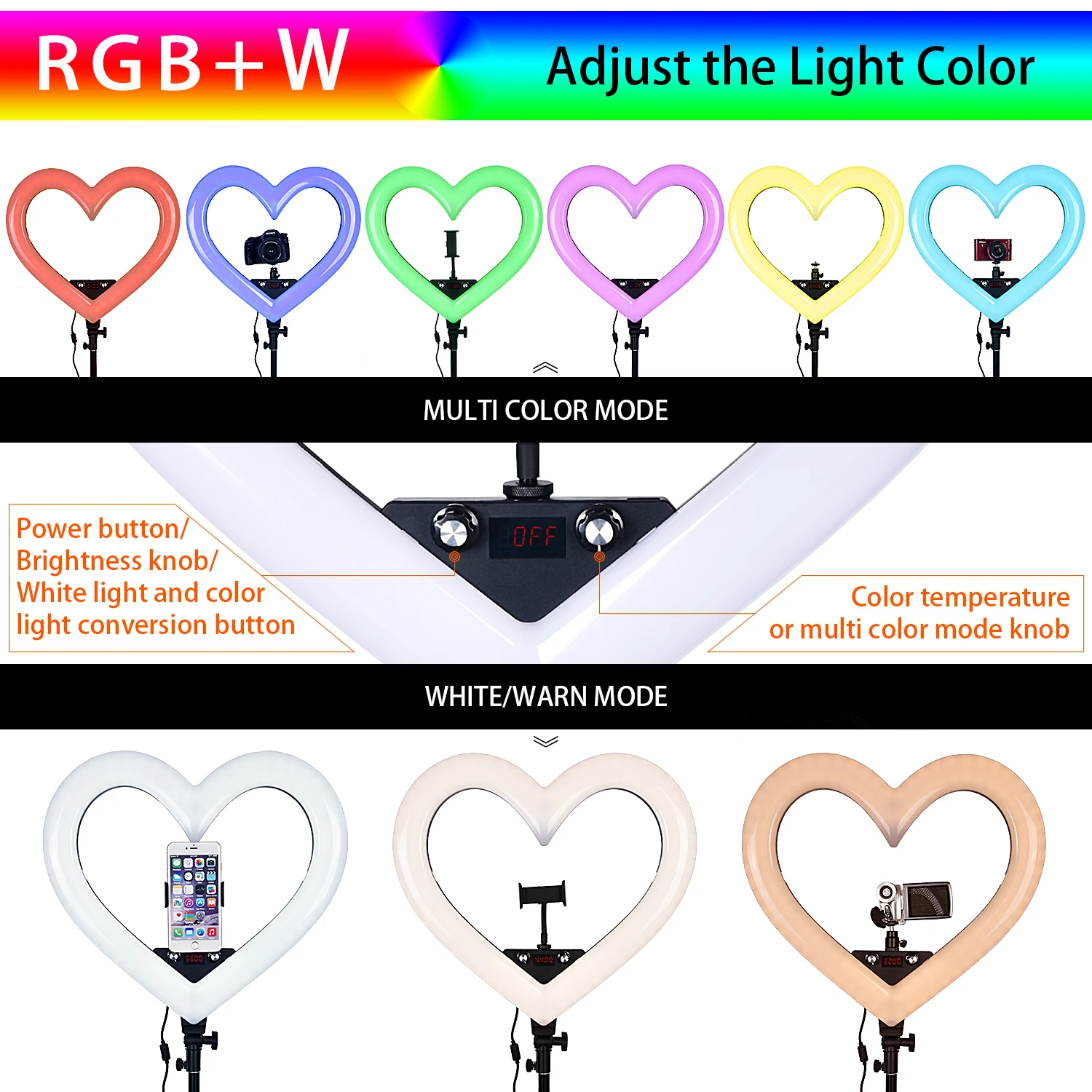 fosoto RGB Hearted-shape Photographic Light LED Lighting 3200K-5600K Lamp With USB Port Tripod For Phone Camera Makeup Studio