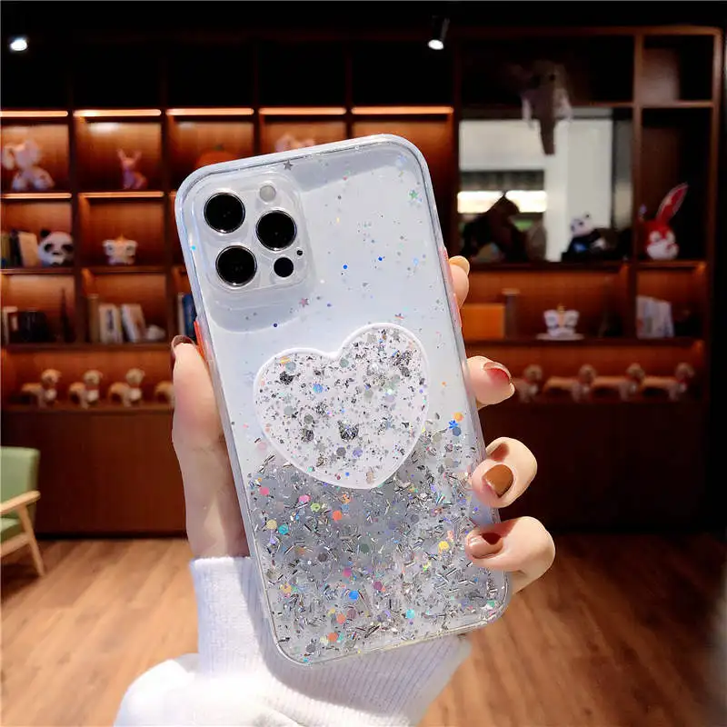 Gradient Glitter Sequins Love Bracket Soft Phone Case For iphone 12 mini 11 Pro Max Back Cover For iphone X XR XS 6 6S 7 8 Plus cute phone cases