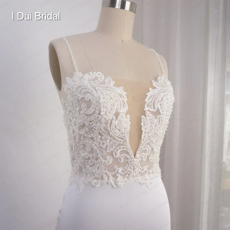 Spaghetti Strap Sheath Wedding Dress Lace Appliqued Pearl Beaded Low Back Crepe Bridal Gown