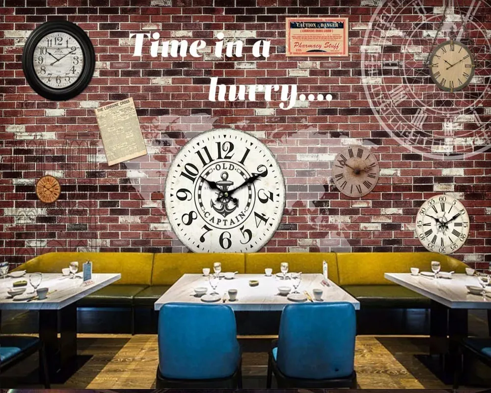 

Drop Shipping Custom Wall Mural Wallpaper European And American Brick Wall Clock Bar Coffee Shop Background Wall Painting Deco