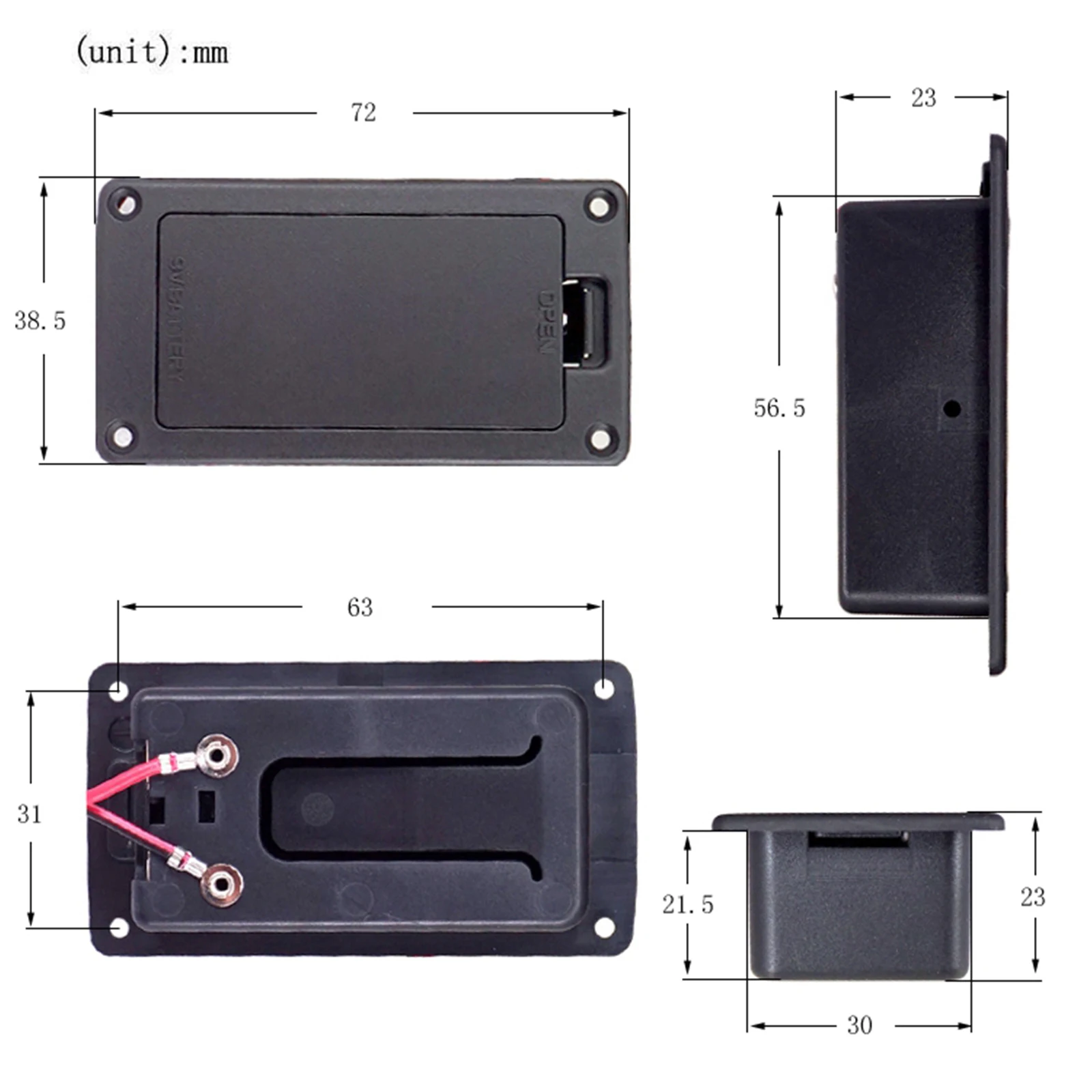 9V Battery Holder Case Box w/Wire Compartment Cover for Guitar Bass Ukulele 