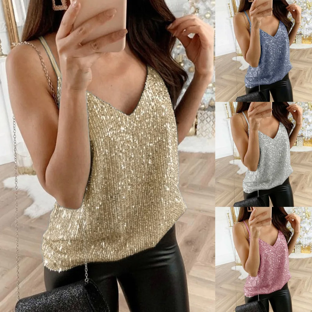 New Silver Sequined Tank Top Women Summer Sexy Backless V-neck Evening Party Camisole Casual Slim Ultra Spaghetti Strap Camis