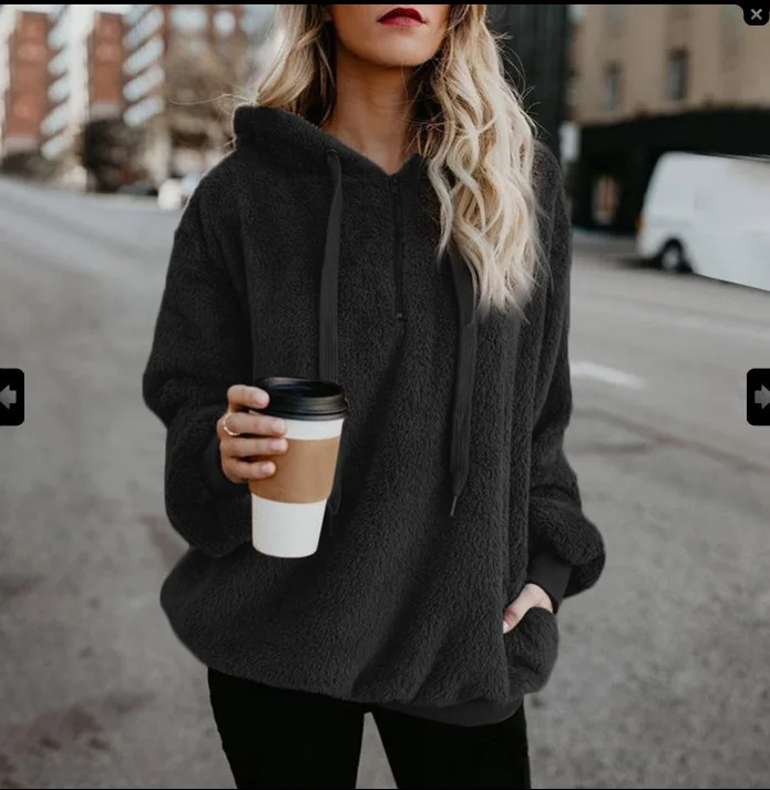 Women's Autumn Winter Suede Long-sleeve Hoodies Loose Casual Velour Hoodies Pullover Sweatshirt Large Size Sherpa Pink Clothes - Color: Black