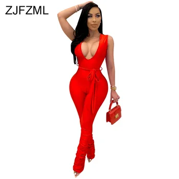 

Stacked Ruched Elegant Club Party Bodysuit Women Deep V Neck High Waist Skinny Jumpsuit Casual Sleeveless Sashes Sheath Rompers
