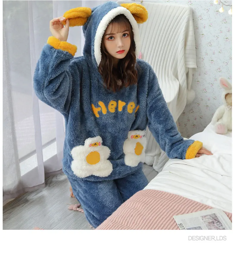 Jielur Warm Women Pajama Sets Winter Lady Long Sleeve Shirt+Pants Home suit Hooded Cartoon Print Thick Pijama Feminino