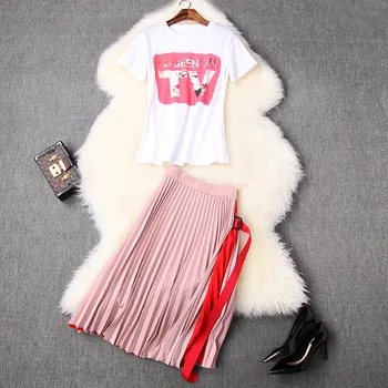 

European and American women's dress 2020 summer new styles Printed T-shirt with short sleeves Pleated colored skirt suit