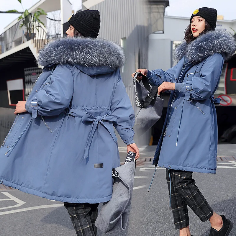 

Winter Korean-style New Style Parka Large Fur Collar Mid-length Slim Fit Cotton-padded Clothes plus Velvet Inner Wearing Women's