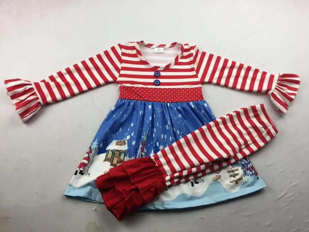 

Hot Red and White Stripes Christmas Snowman Tight Pants Set Fashion Print Girls Boutique Set Long Sleeve Ruffled Sets