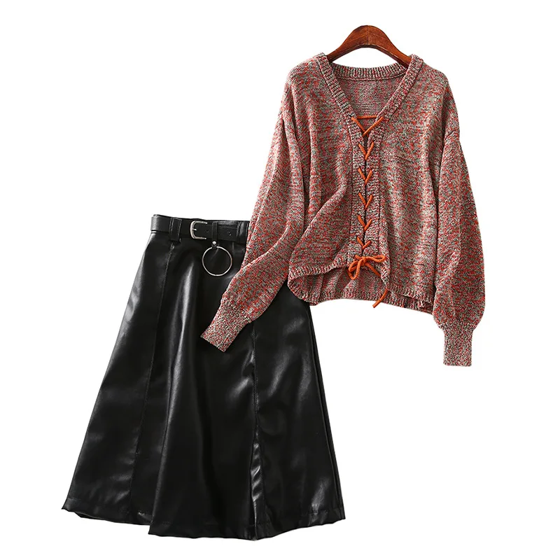 

A Generation of Cross Straps Knitted Cardigan Belt Waist Hugging A- line Half-length Leather Skirt Two-Piece Women's Entity