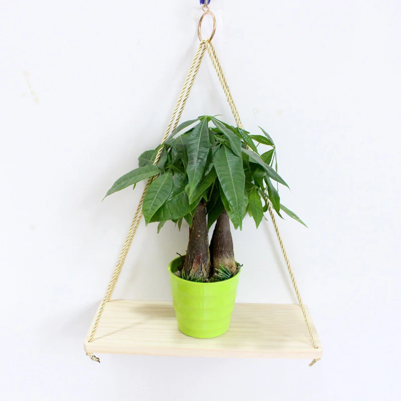 Hanging Wooden Plant Shelf Small Household Parts Storage Rack Wall Rope Hanging Shelf Bedroom Living Room Office Wall Decoration