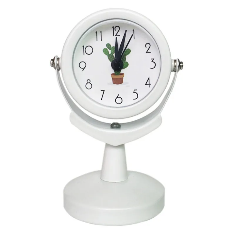 Белый Creative Metal Bedside Small Alarm Clock Birthday Gift Cartoon Rotatable Table Clock Office Desktop Mini Electronic Quartz Clock - Цвет: Белый