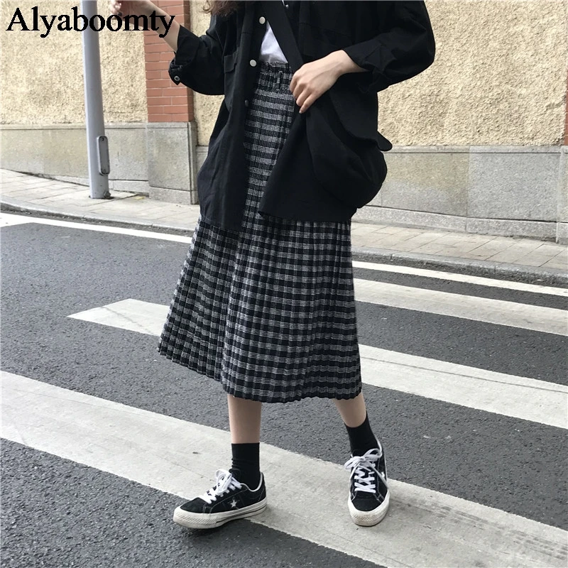 Корейская Ulzzang осень зима женская уличная юбка высокая талия черный хаки плед Jupe Femme элегантные винтажные плиссированные юбки миди