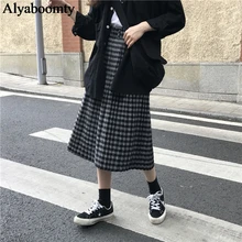 Корейская Ulzzang осень зима женская уличная юбка высокая талия черный хаки плед Jupe Femme элегантные винтажные плиссированные юбки миди