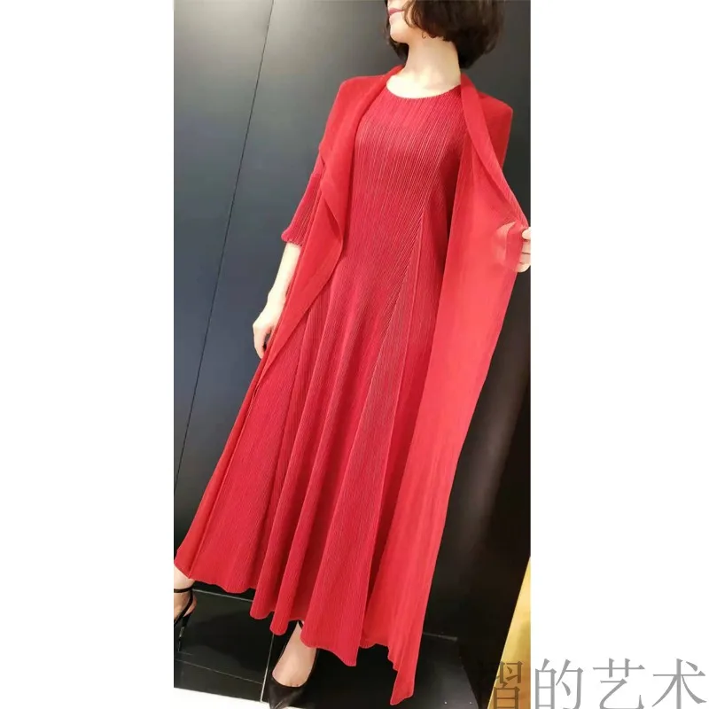 

HOT SELLING Fashion o-neck solid long sleeve pleated one-piece dress appliques Fake two pieces dress IN STOCK