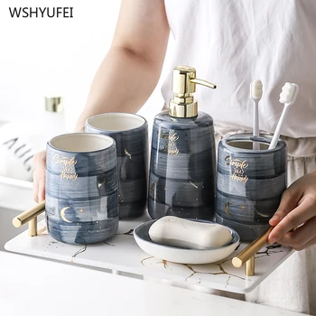 

Nordic Ceramic Bathroom Accessories Set Creative starry sky pattern Wash Set soap dispenser /toothbrush holder Wedding supplies