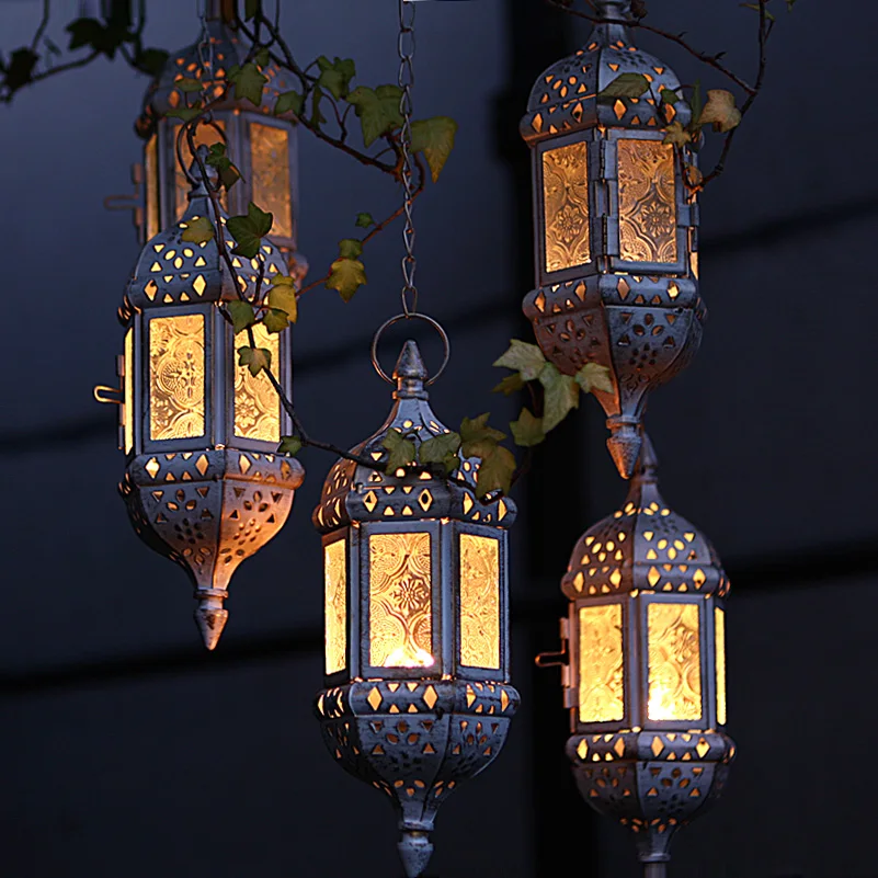 Candle Tea Light Holder Lantern Moroccan Home Decor Vintage Metal Hollow Glass Hanging Lantern Matching Block Candle Small Teali Hanging Tea Light Holders Tea Light Holderdecorative Lanterns Aliexpress