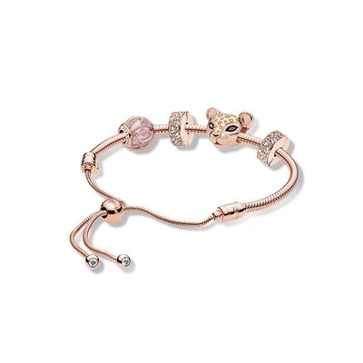 

Kaliyah Shop High Quality Original 1:1 100% 925 Sterling Silver Zt0404-1 Rose Gold Clasp Leopard Head Shrink Bracelet Preferred