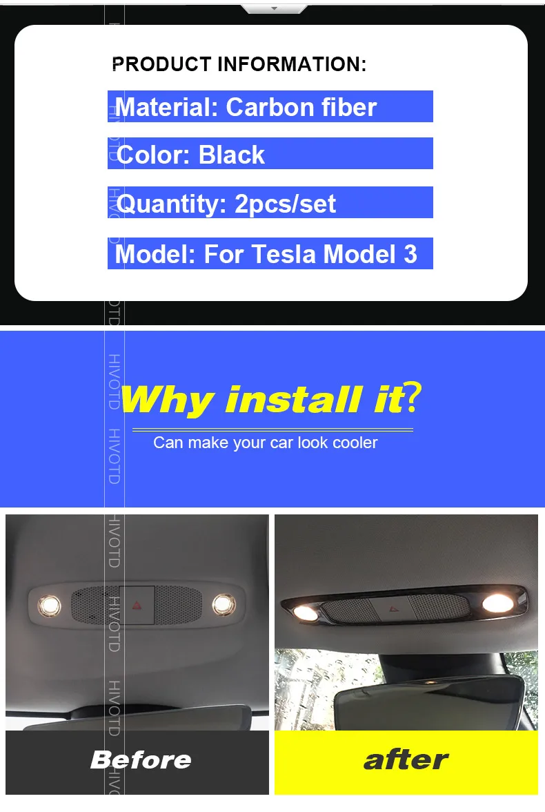 Hivotd для Tesla модель 3, аксессуары для интерьера, светильник для чтения на крыше, декоративная отделка рамы, покрытие из углеродного волокна, для стайлинга автомобилей