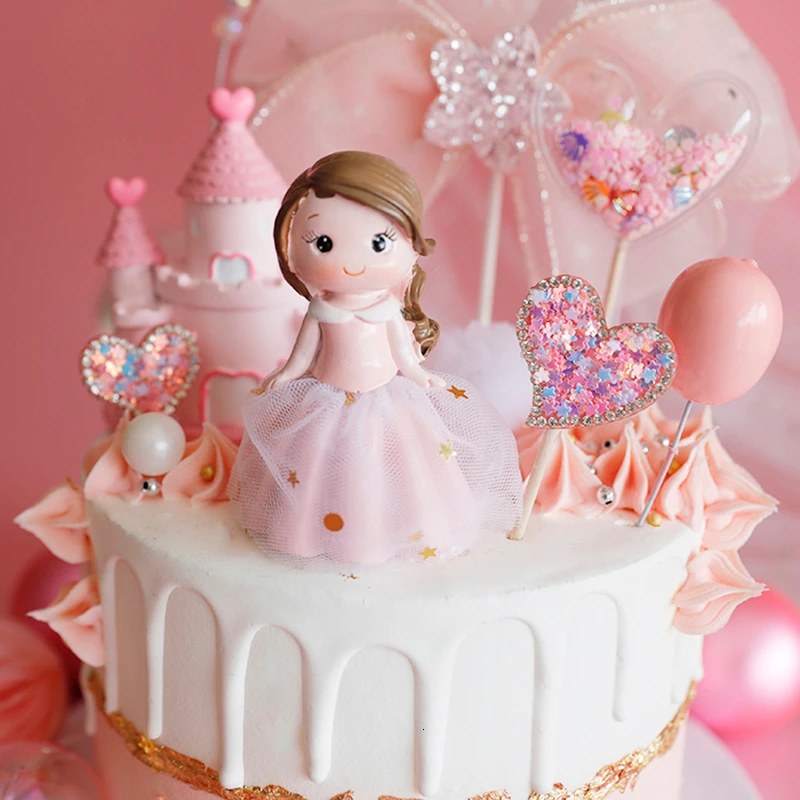 Топпер для торта в форме сердца розовый марлевые принцесса торт украшение сказочный замок свадьба ребенок душ для девочек день рождения принадлежности