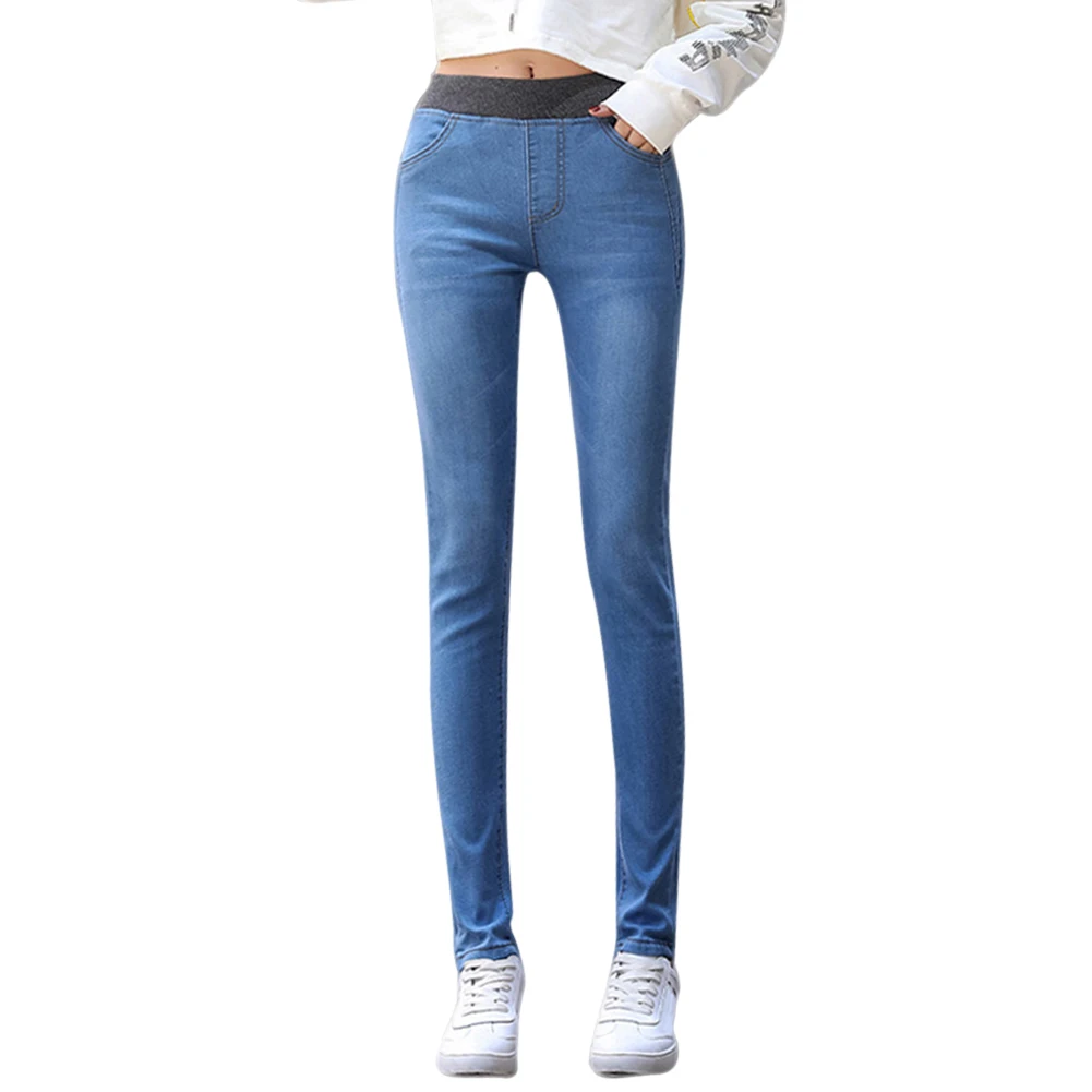 no velvet light blue Женские зимние джинсы теплые мягкие эластичные брюки с высокой талией дышащие узкие брюки-MX8 - Цвет: no velvet light blue
