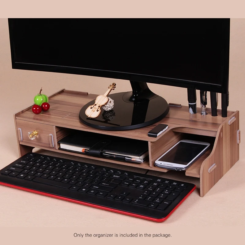  Wooden Monitor Stand Riser Computer Desk Organizer with Keyboard Mouse Storage Slots for Office Sup