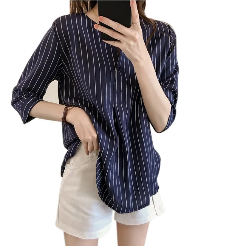 

Women's Casual Korean Cozy Blouse Tops Female Spring Autumn Three Quarter Sleeve Loose Tee Lady Shirts