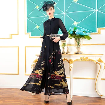 

2020 Embroidery Chiffon Spring Jacquard Printed Long Dress Ankle-Length Ball Gown Party Maxi Dress Runway DZ2362
