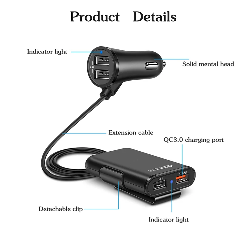 QC3.0 USB Автомобильное зарядное устройство 2.4A+ 3.1A 4 usb порта с картой памяти 1,7 м