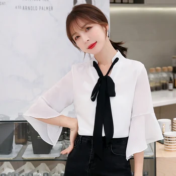 

Chiffon shirt dress design feeling small bowknot ruffled cuff loose coat thin joker