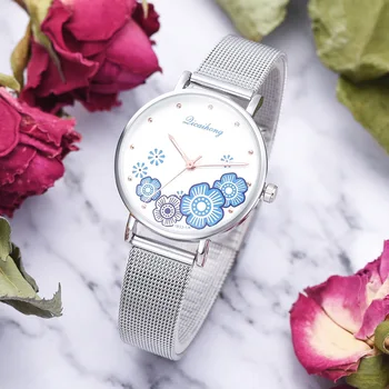 

Fashion Casual Ladies Watch Flowers Steel Band Quartz Wristwatch Women Mesh Band Women Clock zegarek damski relogio feminino