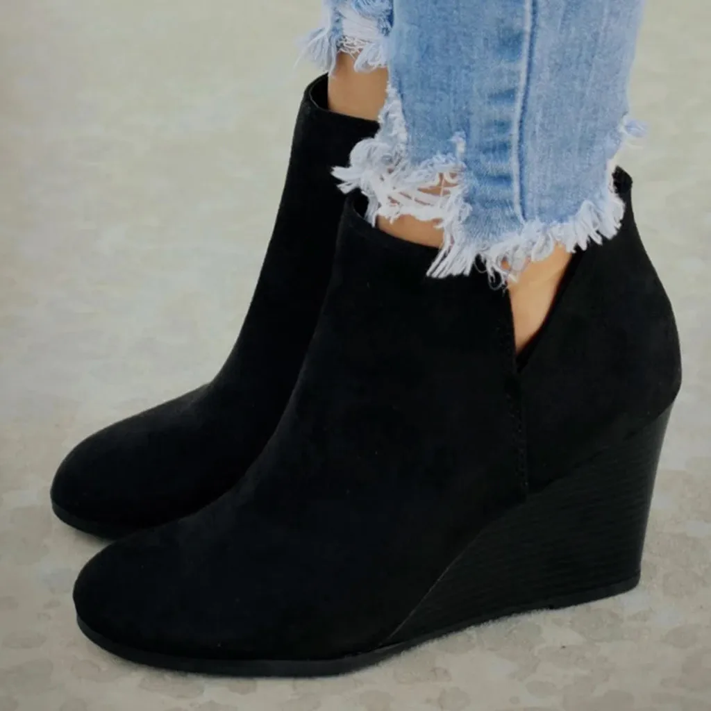 Liquidación Zapatos de moda para Mujer, cuñas de ante de alta calidad con cremallera, botines bajos de Color sólido, Zapatillas antideslizantes con punta redonda KjwneKqXrGB