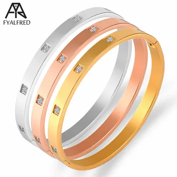 

FYALFRED Stainless Steel Gold Color Suqare Crystals Bracelets & Bangles Women Classic Jewelry 6mm/4mm Brand CZ Bangles Love Gift