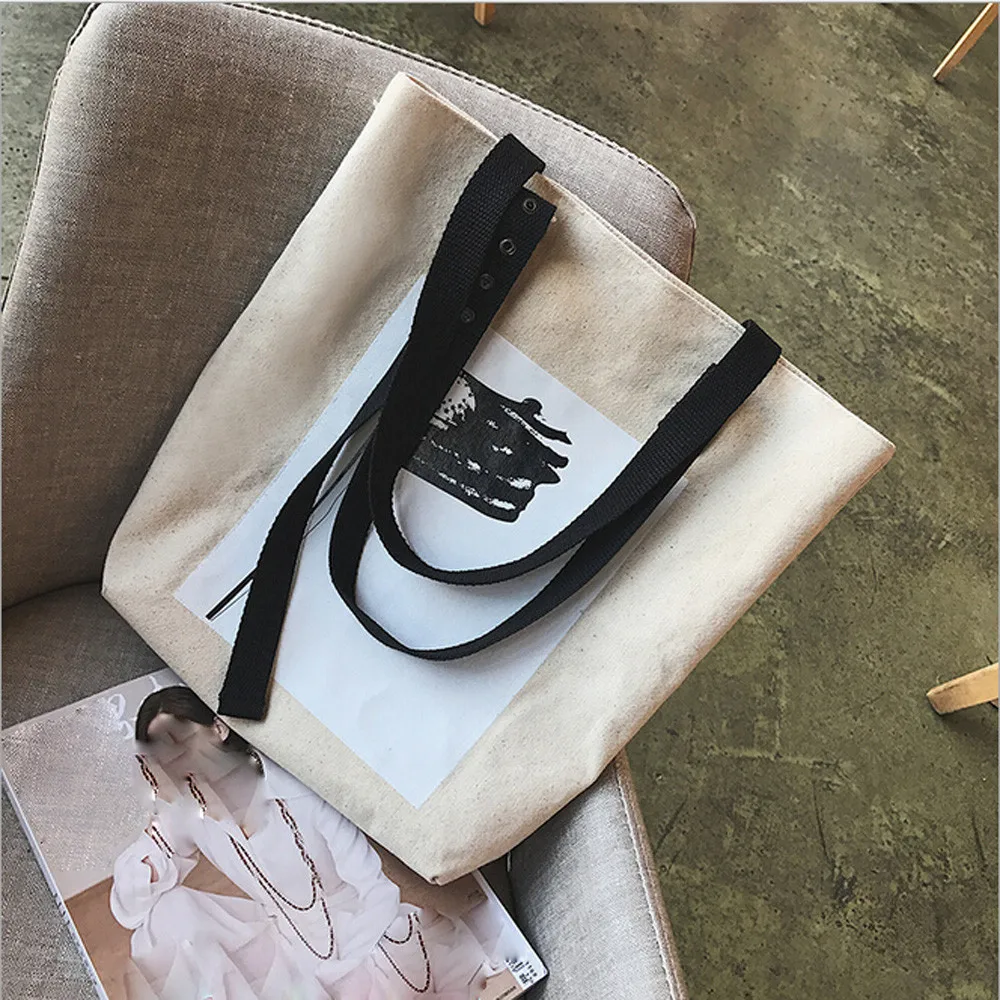 

Women Canvas Printing Art Reusable Shoulder Bags Solid Color Large Capacity Multi-purpose Handle women Shopping Bags
