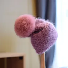 

шапка New Winter Thick Warm Skullies Pompom Cap For Women Rabbit Fur Knitted Beanies Hat With Detachable Real Fox Fur Pom Poms