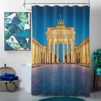 

Shower Curtains Rings Travel,Classic View of Famous Brandenburg Gate Germany National Symbol and Landmark, Blue Yellow Pink,W72