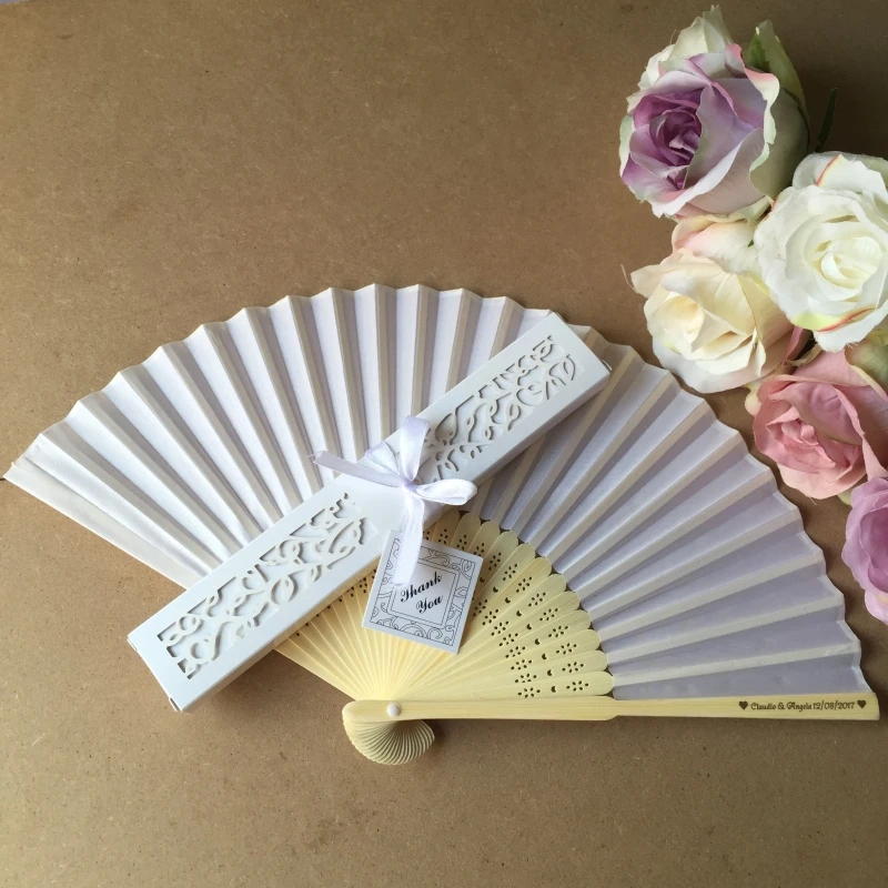 50Sets Personalized Engraved Bride & Groom's Names & Date Wedding Silk Hand Fan with Luxury Laser-Cut Gift Box + Thank You Card