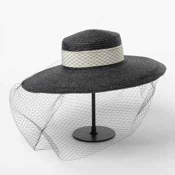 

Retro Net Gauze Big Brim Flat Top Wheat Straw Hat Stage Catwalk Photo Concave Straw Hat sun cap women beach sun shade