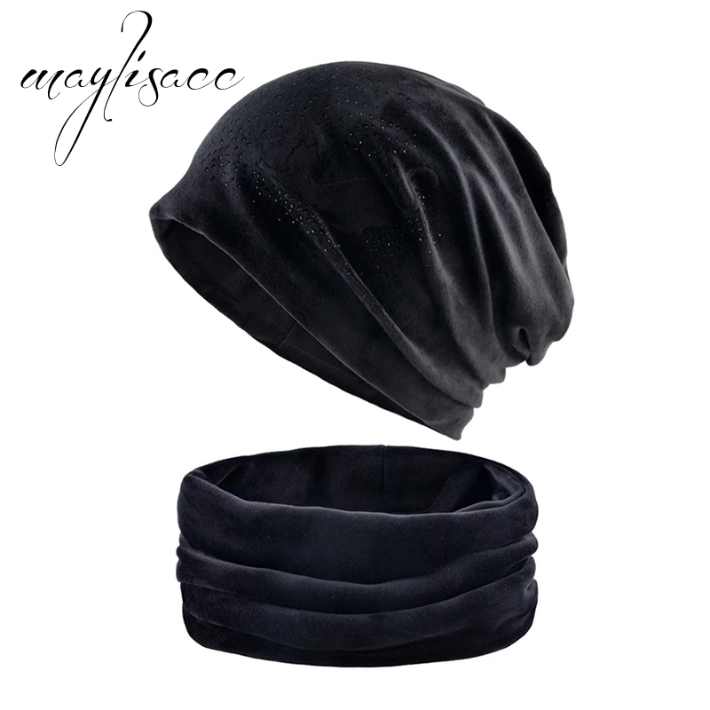 Maylisacc, Женская осенне-зимняя теплая шапка с шарфом и кольцом, милые шапочки с котом, шапки в стиле хип-хоп, женские шарфы с шапкой - Цвет: Black