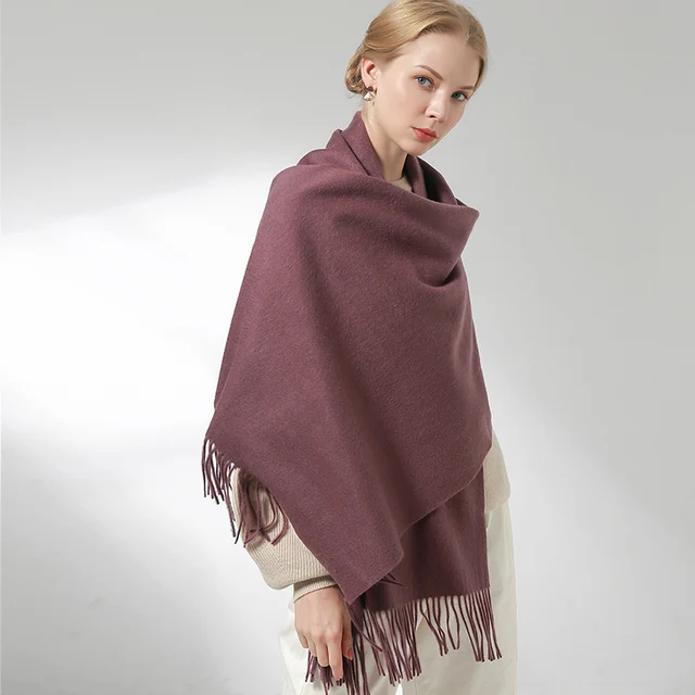 100% Real Wool Scarf Women Warm Shawls and Wraps for Ladies Stole Femme Solid Warps Winter Cashmere Wool Scarves Luxury Pashmina Grape
