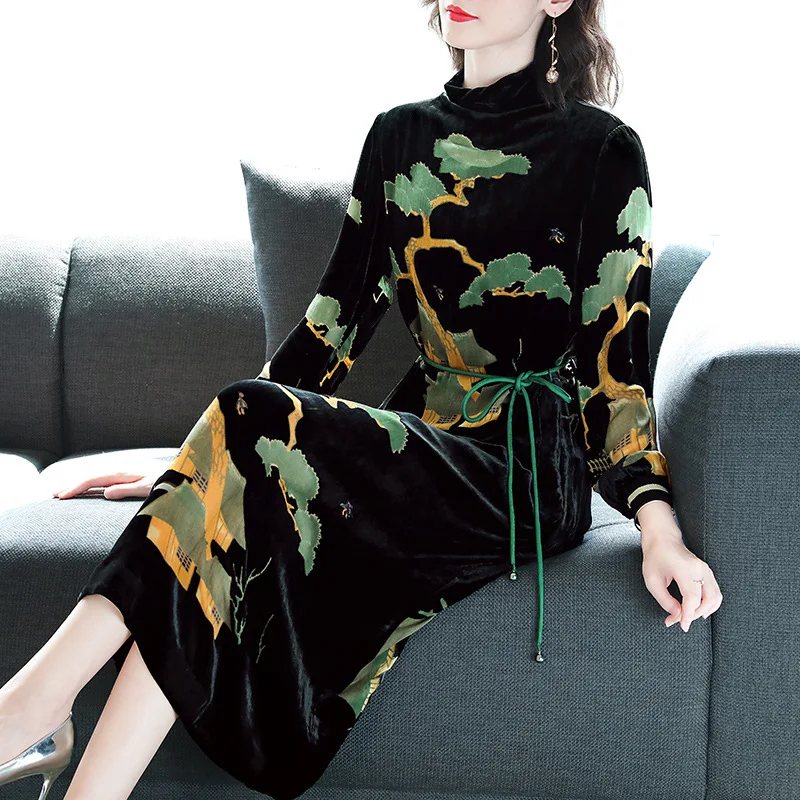 

Turtleneck Dresses Maxi Long Pullovers Women Long Sleeve Vitnage Retro Black Abstract Printed Velvet Dress Elegant Plus Size 4XL