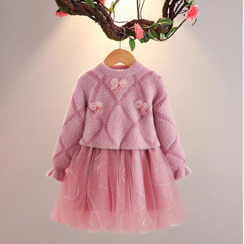 Одежда для маленьких девочек на весну, осень и зиму детские свитера для девочек платье принцессы для дня рождения, одежда для свадьбы 3, 4, 5, 6, 7, 8, 9 лет - Цвет: pink