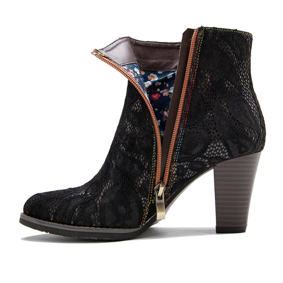 French Retro Genuine Leather Ladies Ankle Boots Shoes Handmade Lace Metal Dark Gothic High Thick Heels Shoes Women's Basic Boots (3)