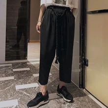 Мужские готические хип-хоп панк льняные шаровары с веревкой на талии мужские черные мешковатые штаны джоггеры костюм Go-Go для певицы для сцены костюм