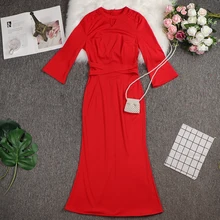 Красное сексуальное кружевное женское платье, элегантное женское платье с круглым воротником на молнии, модное летнее платье с рукавом семь, чистый цвет