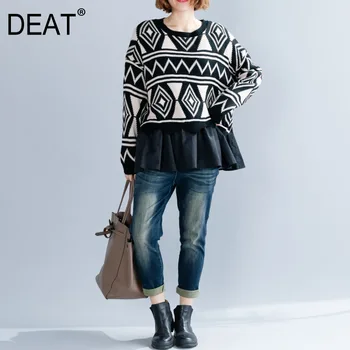 

[EWQ] 2020 Spring Autumn New Full Sleeve Round Collar Geometric Patchwork Casual large size wild Women's Fake Two Sweater TX589