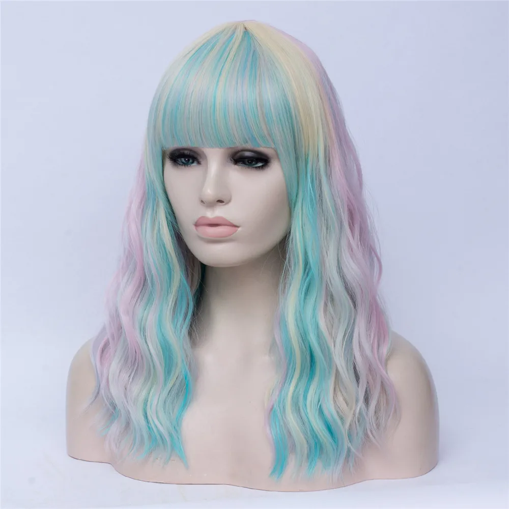 MSI Wigs Лолита длинные волнистые парик цвета радуги с взрыва высокая температура волокно Синтетический Косплей парики для девочек Хэллоуин